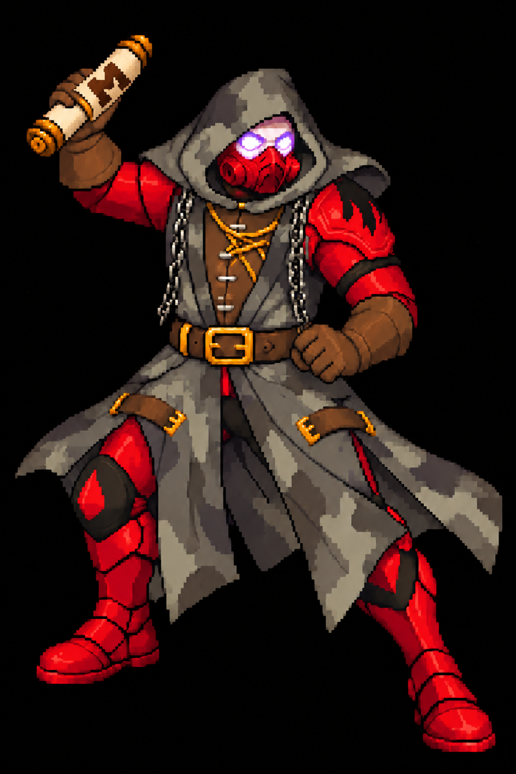 16-bit Kano holding a Mojumon scroll marked M