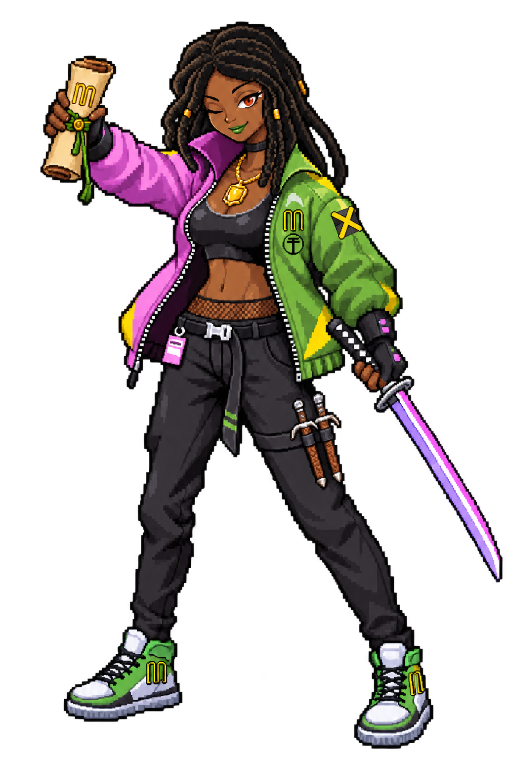 16-bit LeeAnn holding her sword and Mojumon scroll